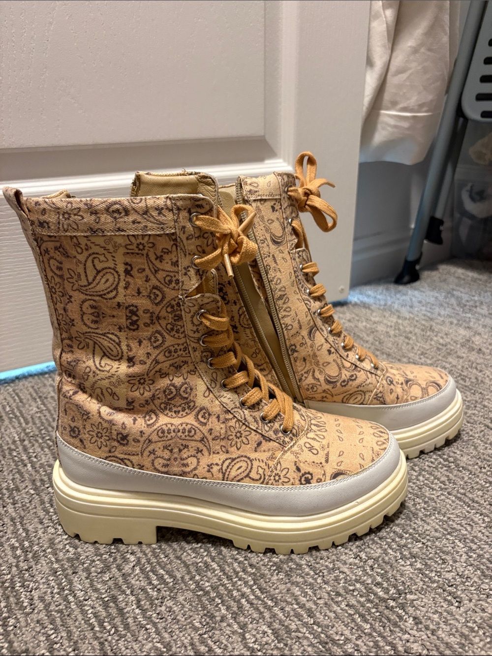 Free People Tan Paisley Platform Combat Boots